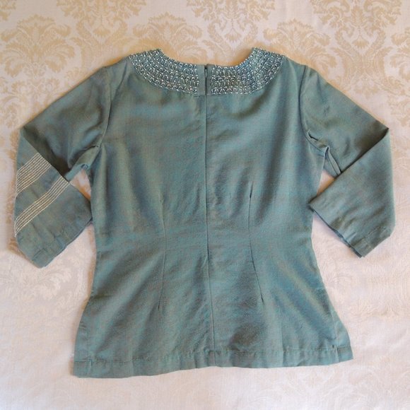 Tarsian & Blinkley Green 100% Raw Silk Beaded Afghan Top S - Picture 5 of 11